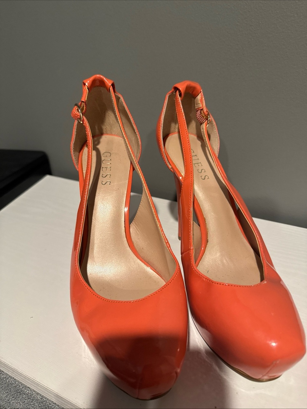 GUESS Orange Patent Leather High Heel Pumps with Ankle Strap